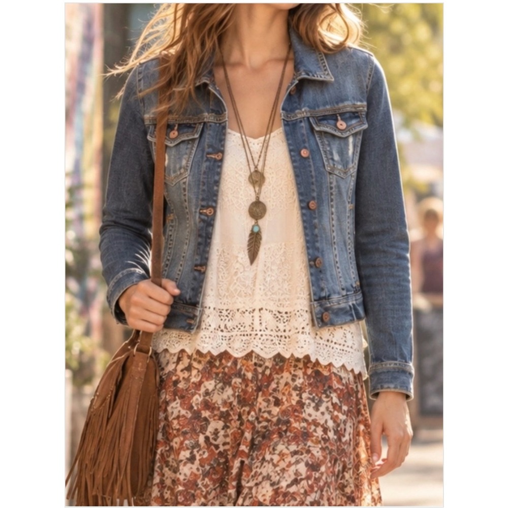 Vintage Aeropostale Stitched Denim Jacket Women's M Blue Boho